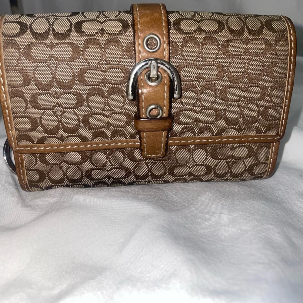 Coach Signature Brown Canvas Wallet with Leather Trim